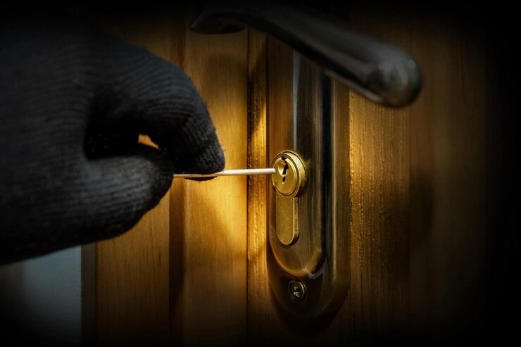 tyv prøver å åpne låsedør med spesialnøkkel